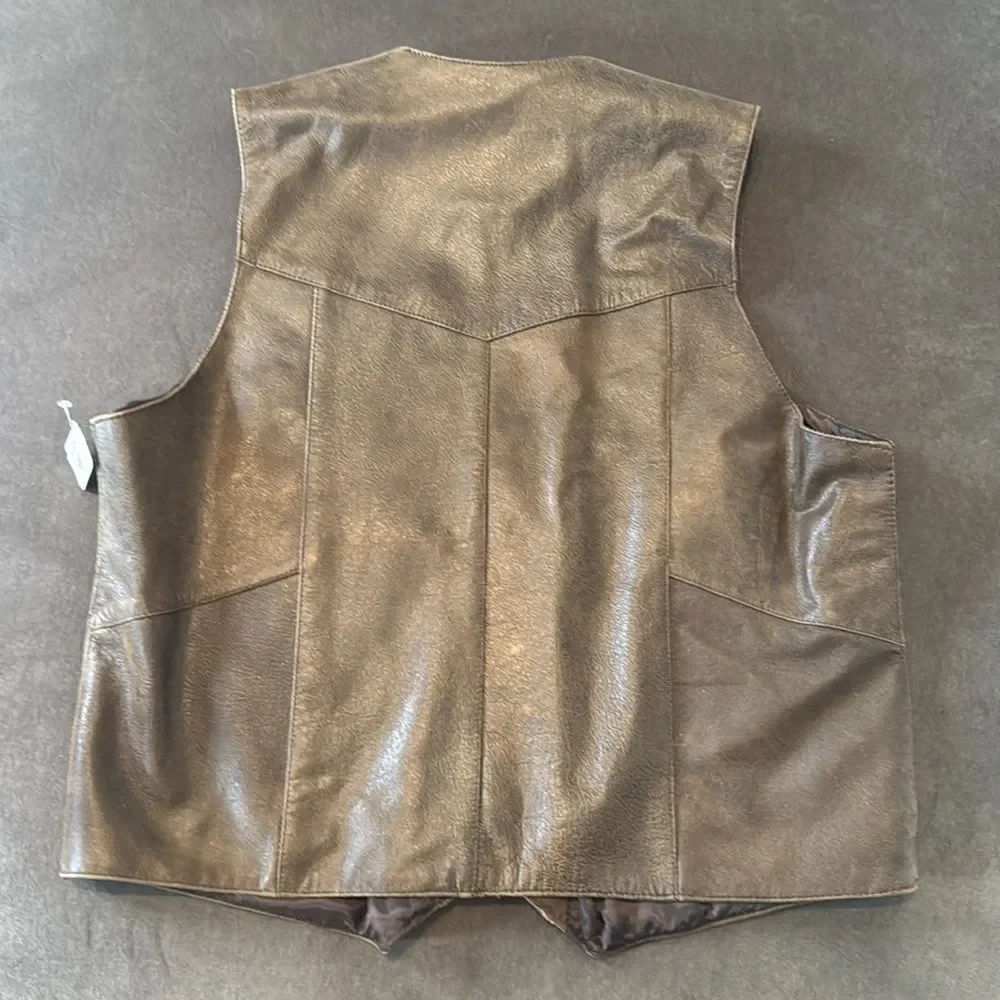 Men's Vintage T4 West Brown John Vest Genuine Leather Snap Closure Size S NWT